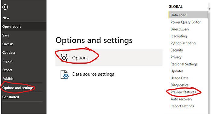 Power BI options and settings menu