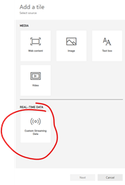 How to insert a real-time streaming dataset in a Power BI dashboard.